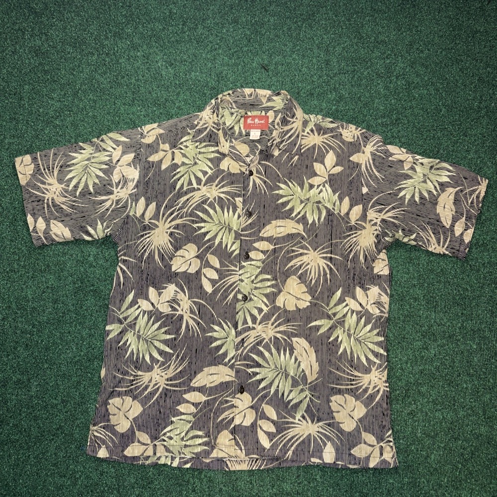 Men's Pau Hana Floral Black Green Short Sleeve Button Up Size Large X26